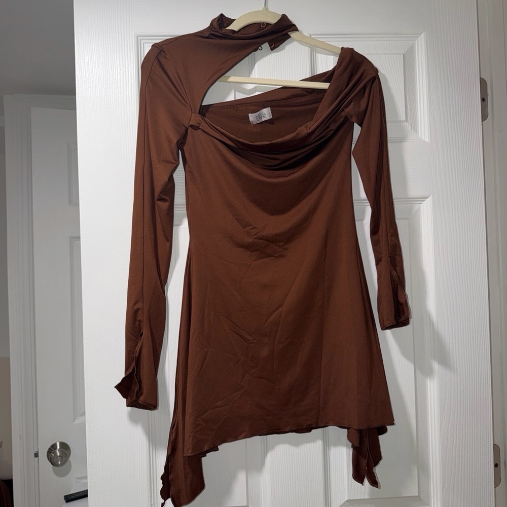 Oh Polly Brown Asymmetrical Long-Sleeve Dress